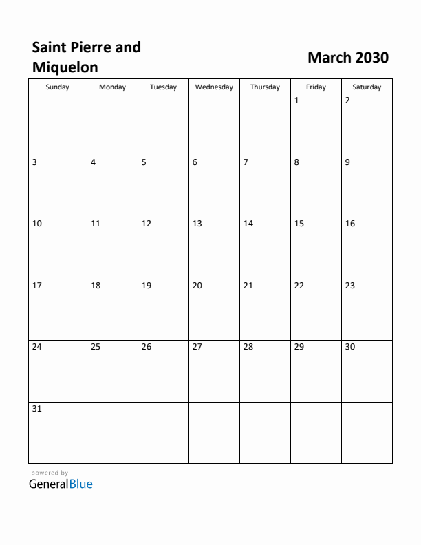March 2030 Calendar with Saint Pierre and Miquelon Holidays
