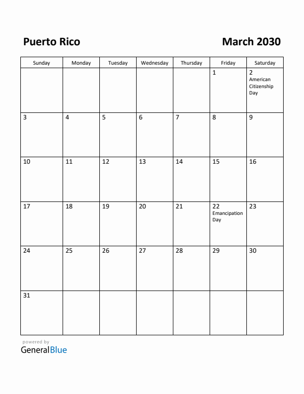 March 2030 Calendar with Puerto Rico Holidays