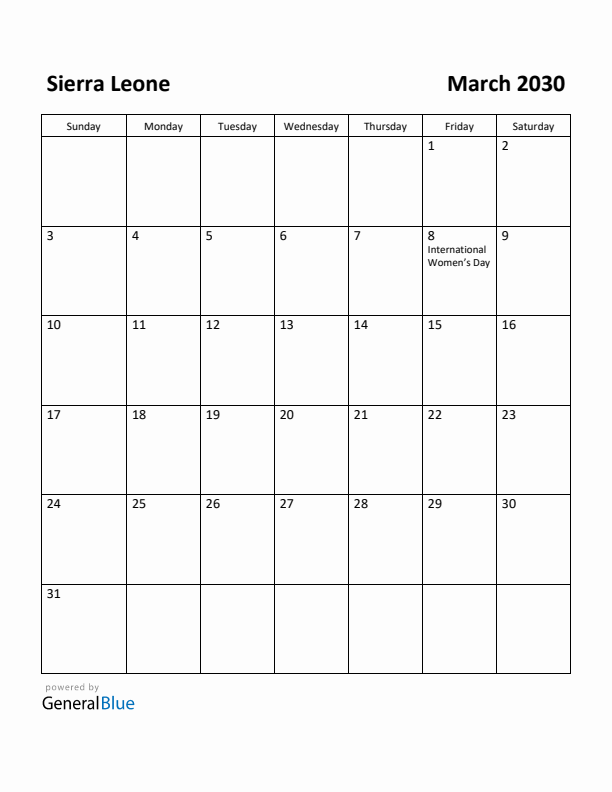 March 2030 Calendar with Sierra Leone Holidays