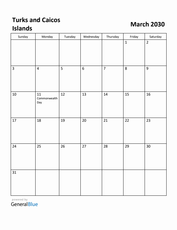 March 2030 Calendar with Turks and Caicos Islands Holidays