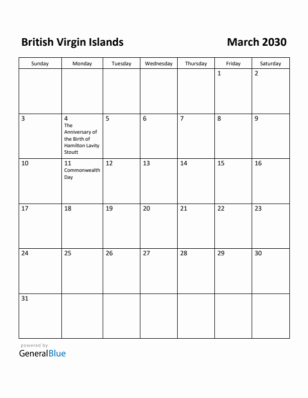 March 2030 Calendar with British Virgin Islands Holidays