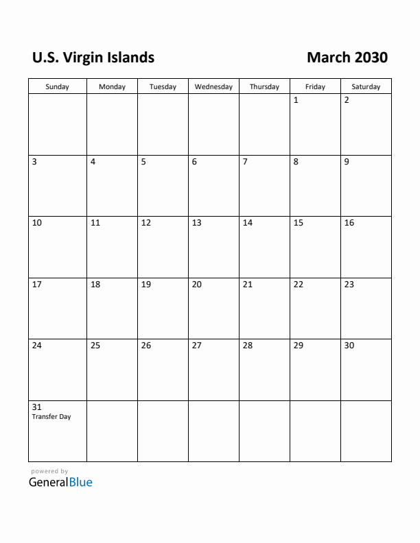 March 2030 Calendar with U.S. Virgin Islands Holidays