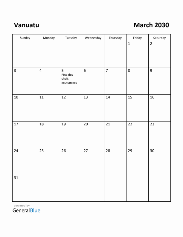 March 2030 Calendar with Vanuatu Holidays