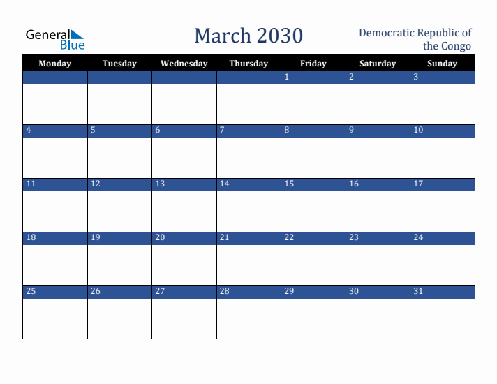 March 2030 Democratic Republic of the Congo Calendar (Monday Start)