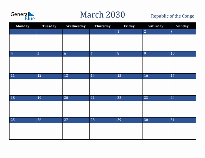 March 2030 Republic of the Congo Calendar (Monday Start)