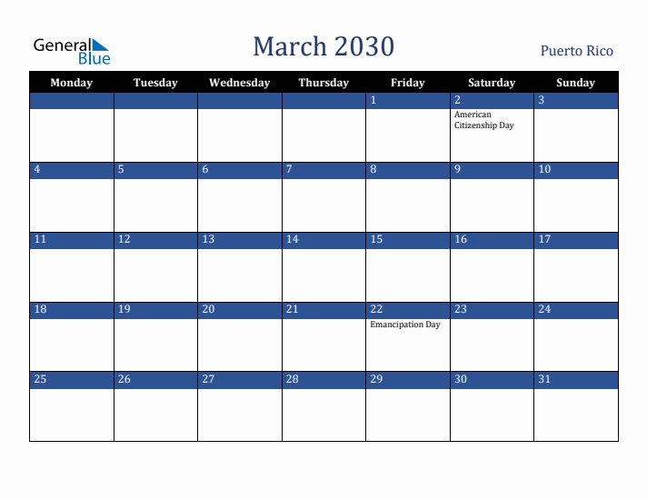 March 2030 Puerto Rico Calendar (Monday Start)