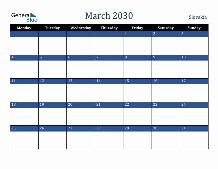 March 2030 Slovakia Calendar (Monday Start)