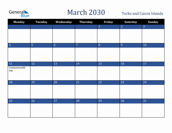 March 2030 Turks and Caicos Islands Calendar (Monday Start)