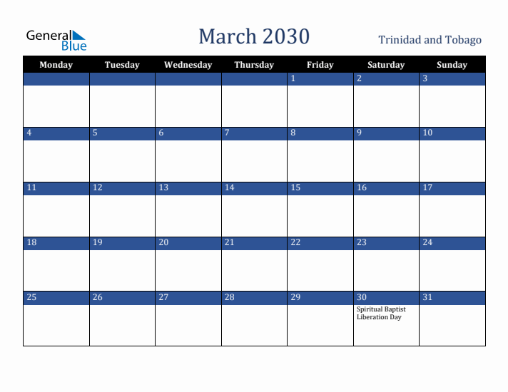 March 2030 Trinidad and Tobago Calendar (Monday Start)
