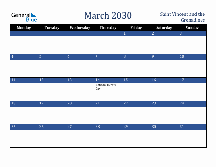 March 2030 Saint Vincent and the Grenadines Calendar (Monday Start)
