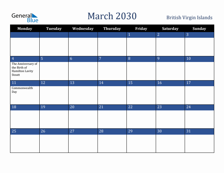 March 2030 British Virgin Islands Calendar (Monday Start)
