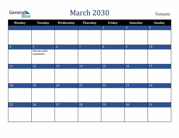 March 2030 Vanuatu Calendar (Monday Start)