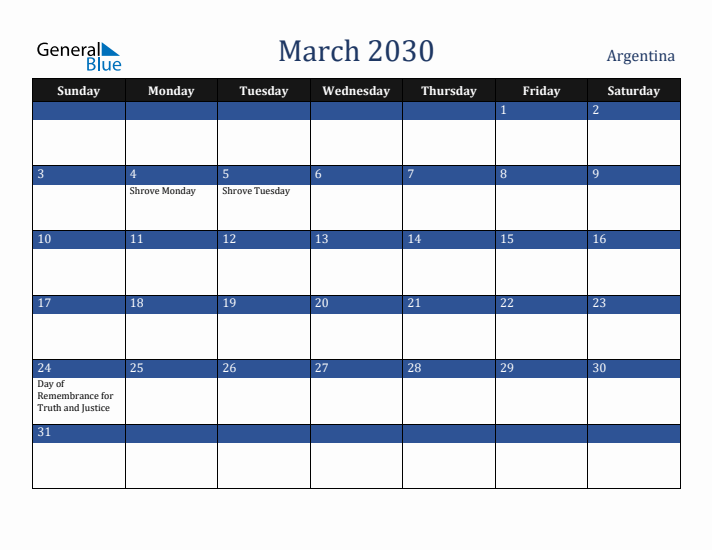 March 2030 Argentina Calendar (Sunday Start)