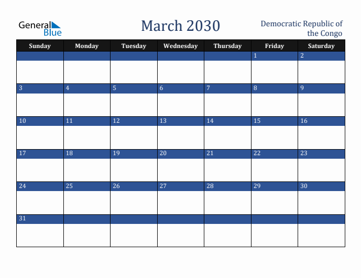 March 2030 Democratic Republic of the Congo Calendar (Sunday Start)