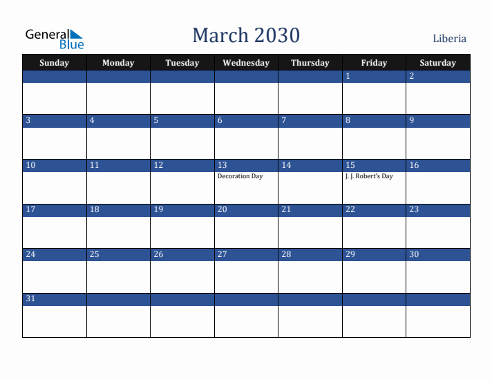 March 2030 Liberia Calendar (Sunday Start)