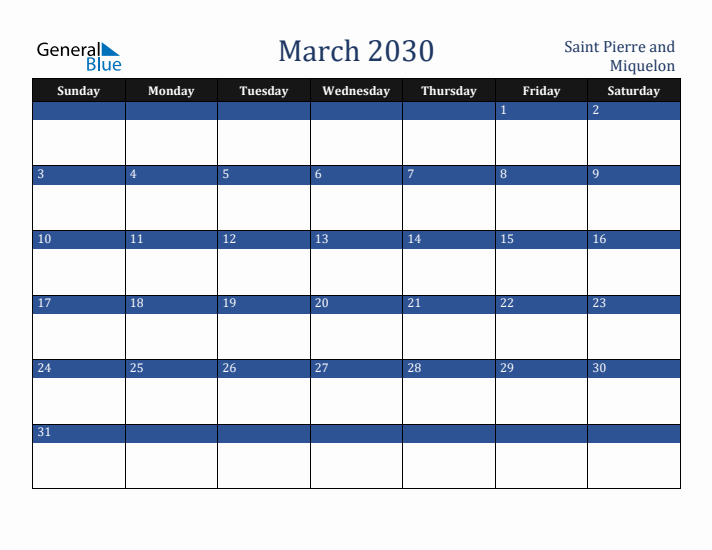 March 2030 Saint Pierre and Miquelon Calendar (Sunday Start)