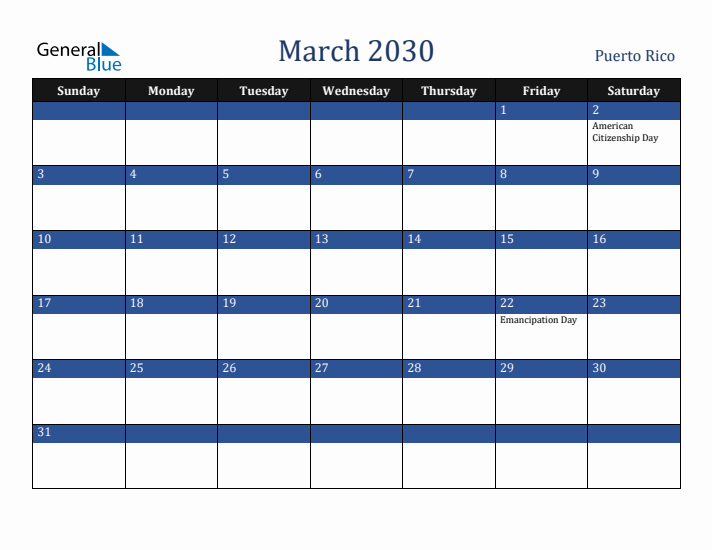 March 2030 Puerto Rico Calendar (Sunday Start)