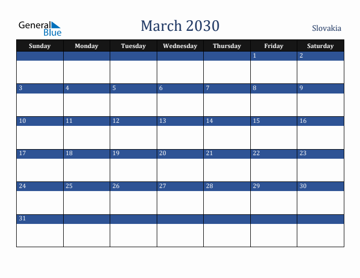 March 2030 Slovakia Calendar (Sunday Start)