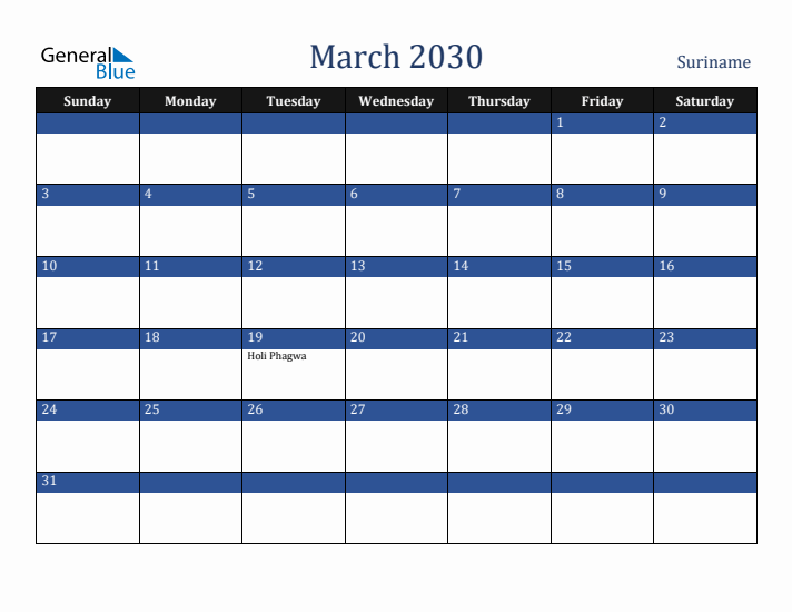 March 2030 Suriname Calendar (Sunday Start)