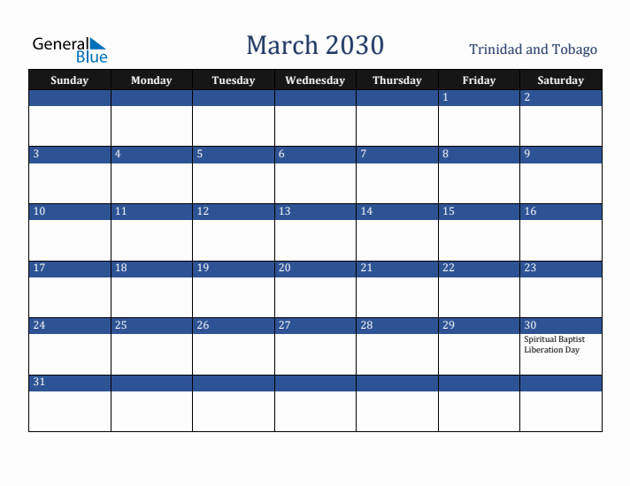 March 2030 Trinidad and Tobago Calendar (Sunday Start)