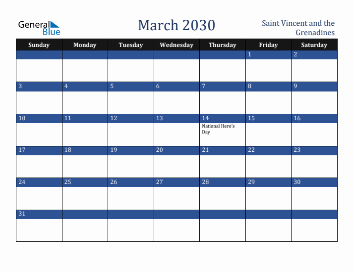 March 2030 Saint Vincent and the Grenadines Calendar (Sunday Start)