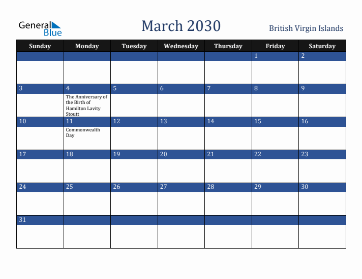 March 2030 British Virgin Islands Calendar (Sunday Start)