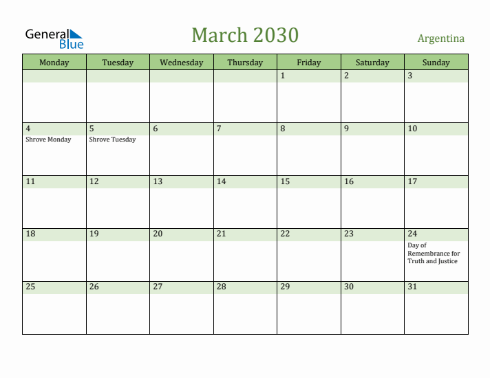 March 2030 Calendar with Argentina Holidays