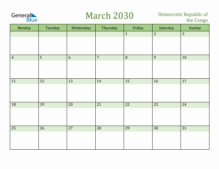 March 2030 Calendar with Democratic Republic of the Congo Holidays