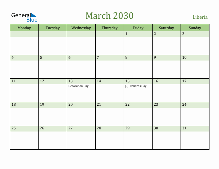 March 2030 Calendar with Liberia Holidays