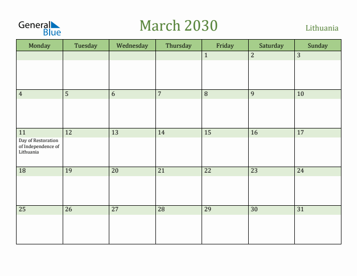 March 2030 Calendar with Lithuania Holidays