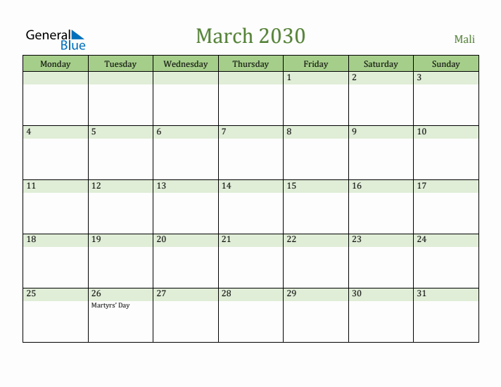 March 2030 Calendar with Mali Holidays