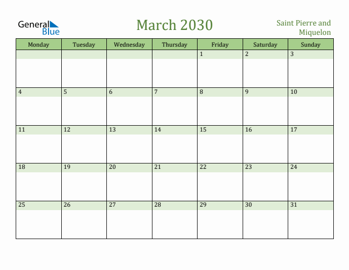 March 2030 Calendar with Saint Pierre and Miquelon Holidays