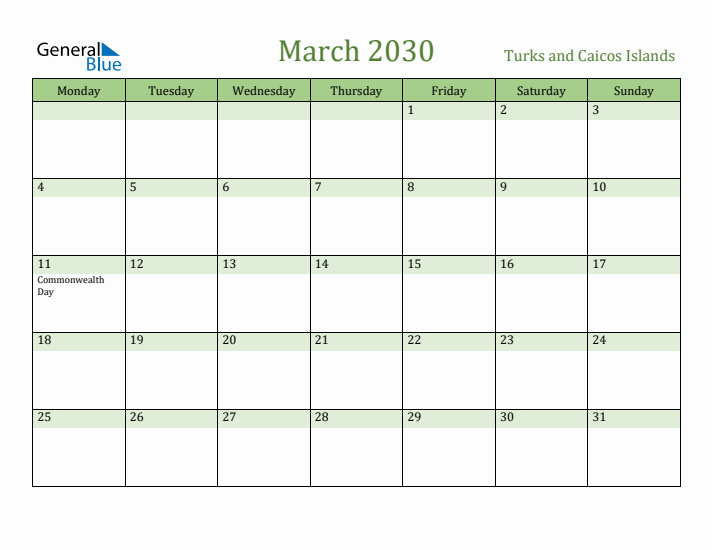 March 2030 Calendar with Turks and Caicos Islands Holidays