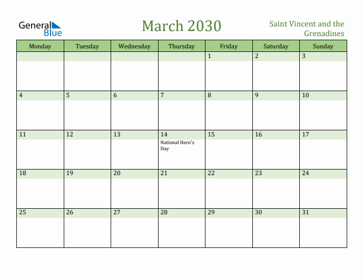 March 2030 Calendar with Saint Vincent and the Grenadines Holidays
