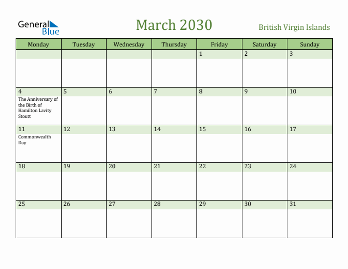 March 2030 Calendar with British Virgin Islands Holidays