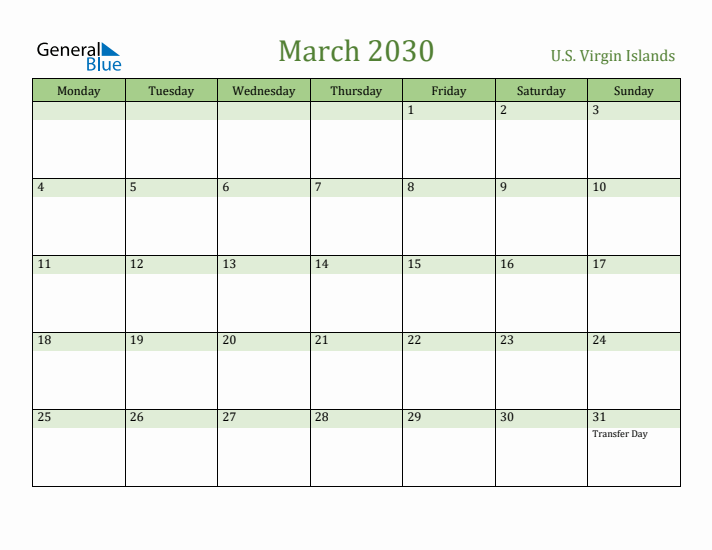 March 2030 Calendar with U.S. Virgin Islands Holidays