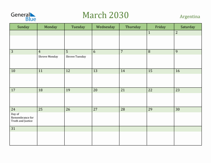 March 2030 Calendar with Argentina Holidays