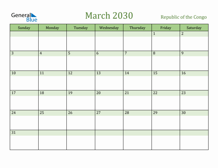 March 2030 Calendar with Republic of the Congo Holidays