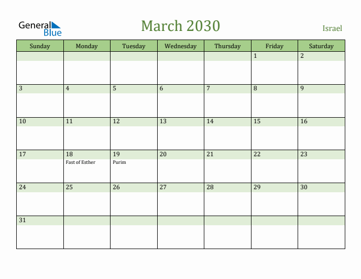 March 2030 Calendar with Israel Holidays