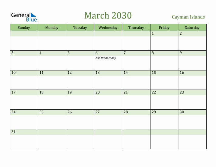 March 2030 Calendar with Cayman Islands Holidays