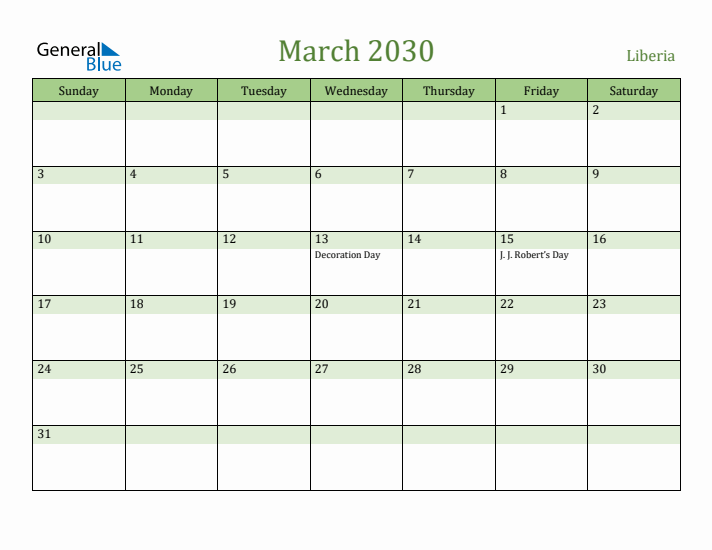 March 2030 Calendar with Liberia Holidays
