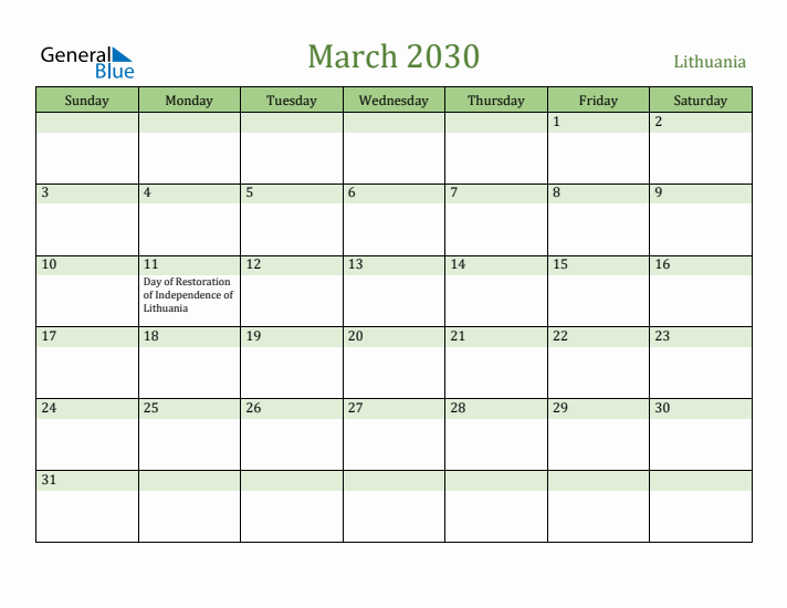 March 2030 Calendar with Lithuania Holidays