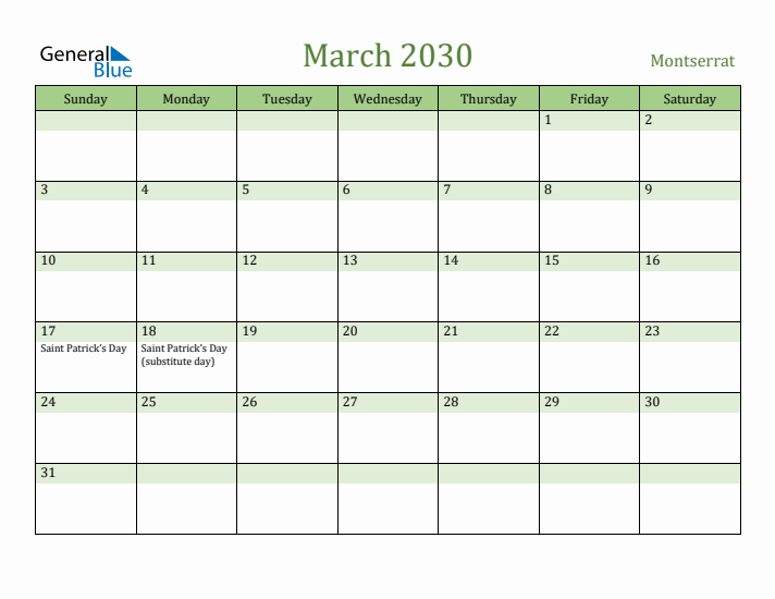 March 2030 Calendar with Montserrat Holidays