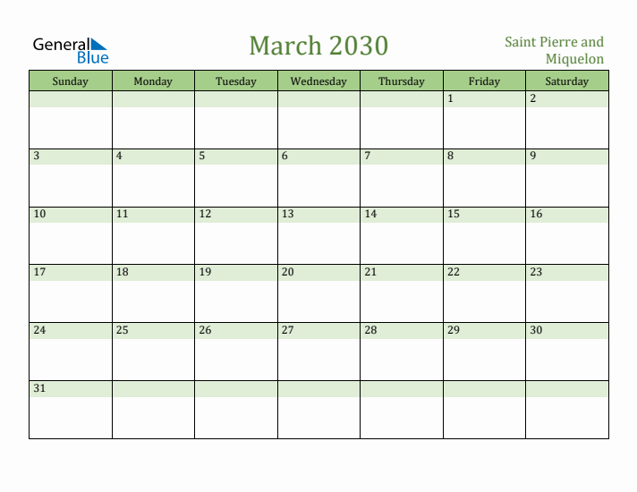 March 2030 Calendar with Saint Pierre and Miquelon Holidays