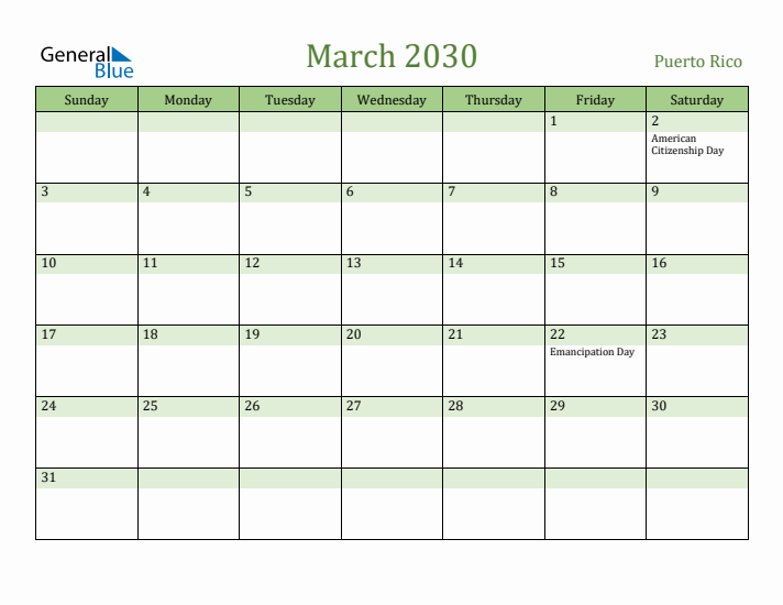 March 2030 Calendar with Puerto Rico Holidays