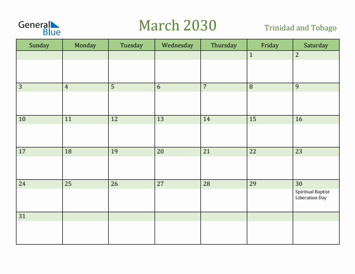 March 2030 Calendar with Trinidad and Tobago Holidays
