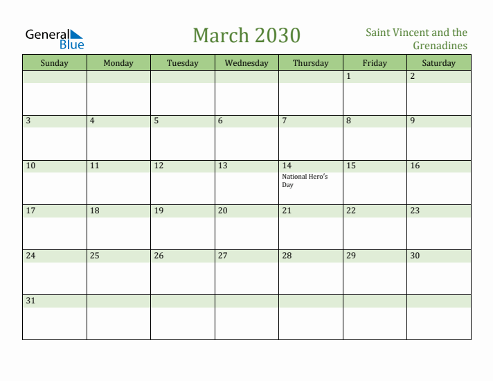 March 2030 Calendar with Saint Vincent and the Grenadines Holidays