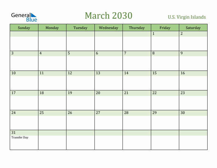 March 2030 Calendar with U.S. Virgin Islands Holidays