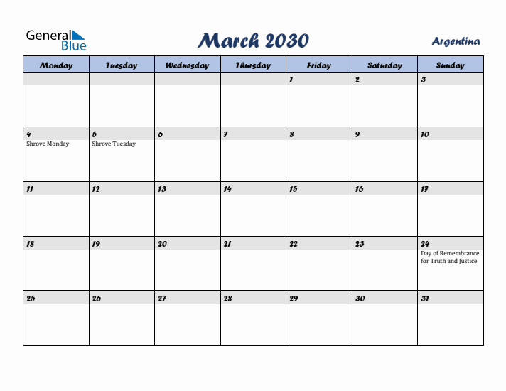 March 2030 Calendar with Holidays in Argentina