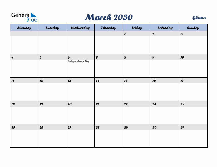 March 2030 Calendar with Holidays in Ghana